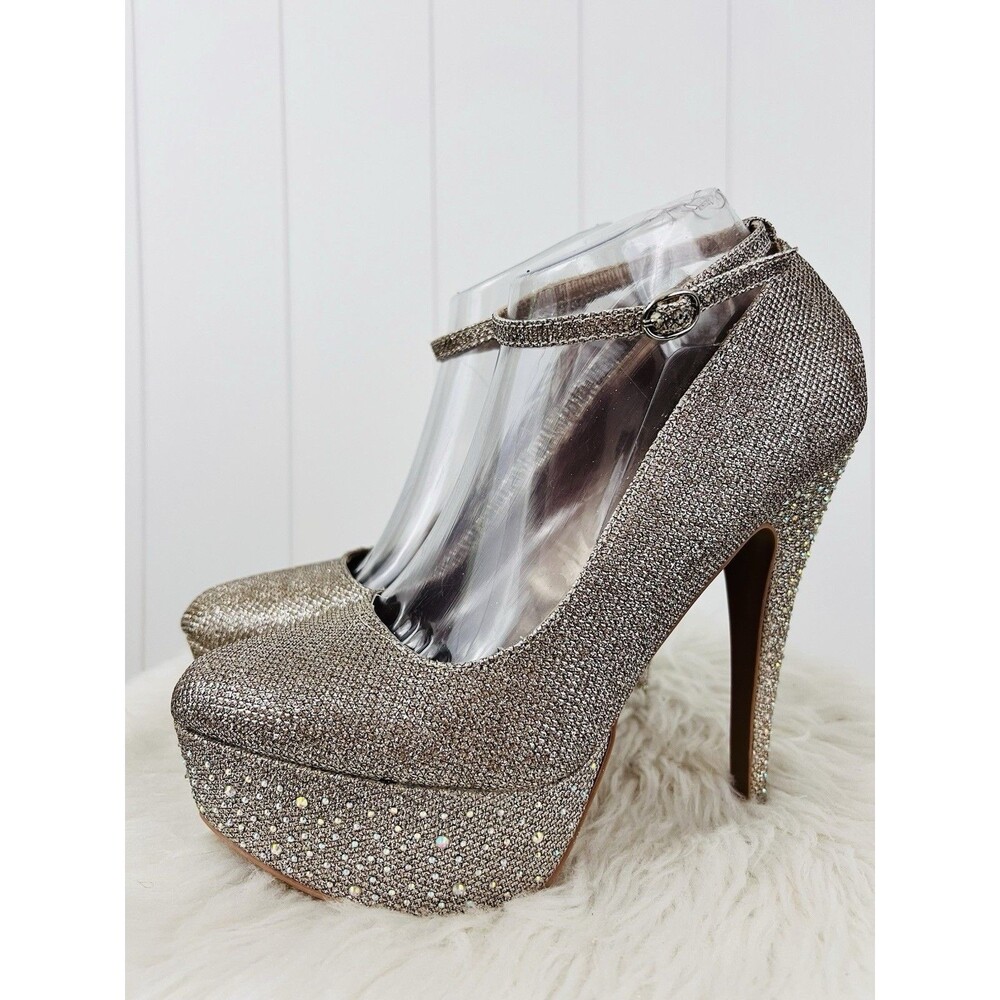 Qupid Silver Shimmer Glittery Platform Jeweled High Heel Stilettos Size 9 Dancer
